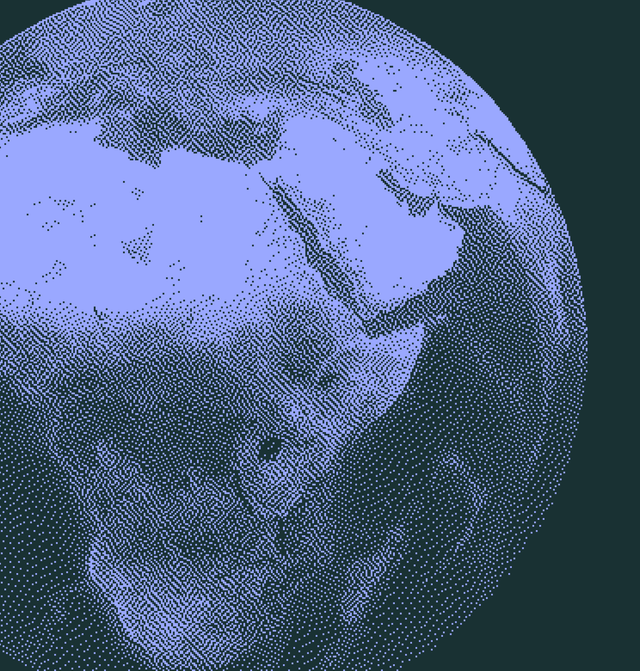 Periwinkle halftone globe on deep pine green