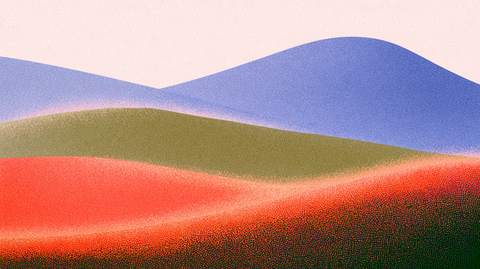 Grainy abstract landscape of rolling hills in periwinkle blue, olive green, and poppy red under a pale sky.