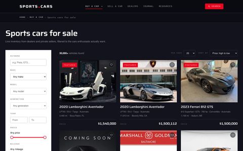 Sports.Cars inventory sorted by price, with filters on the left and listing cards