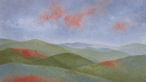 Grainy abstract landscape of rolling hills in olive green and periwinkle blue, with soft poppy-red patches under a pale sky.