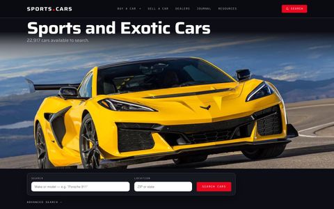 Sports.Cars homepage — Corvette ZR1 hero with the search dock